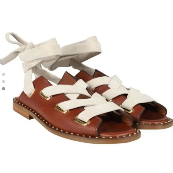 Maje Fidil Sandal Leather Brown Marron Gladiator Lace Up Boho EU 40 US 8 NEW - Picture 1 of 9